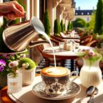 Tazza di caffè fumante con chicchi di caffè e accessori per la preparazione.