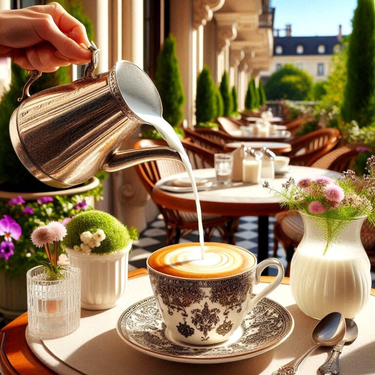 Tazza di caffè fumante con chicchi di caffè e accessori per la preparazione.